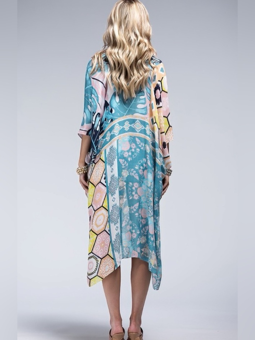 Lightweight Pastel Floral & Geometric Kimono Wrap - Pastel Blue O/S - Picture 3 of 7